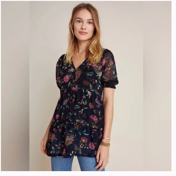 Anthropologie Salzburg Sheer Tunic Floral Button Up Blouse Size XS EUC - Picture 1 of 9
